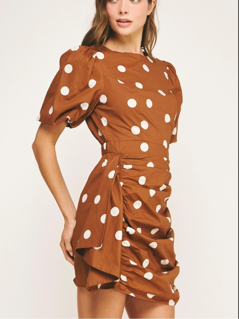 Strut & Bolt Boutique Brown Polkadot Ruched Dress Large NWT Party Puff Sleeve